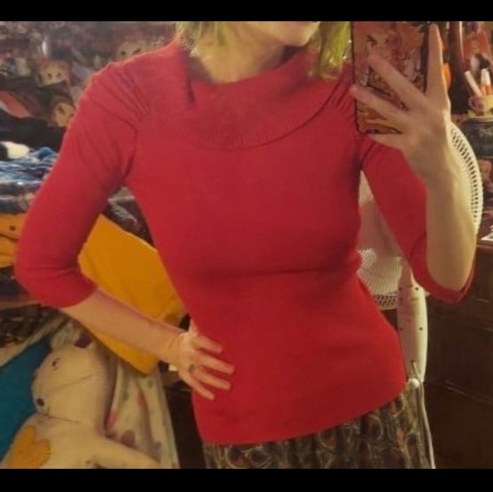 red cowl neck mid sleeve knit top